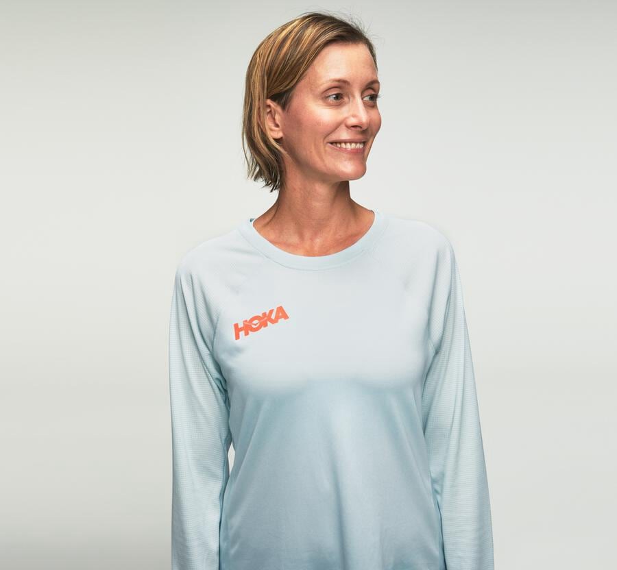 Hoka Australia One One Performance Long Sleeve - Womens Tops Blue - SCNER-0639